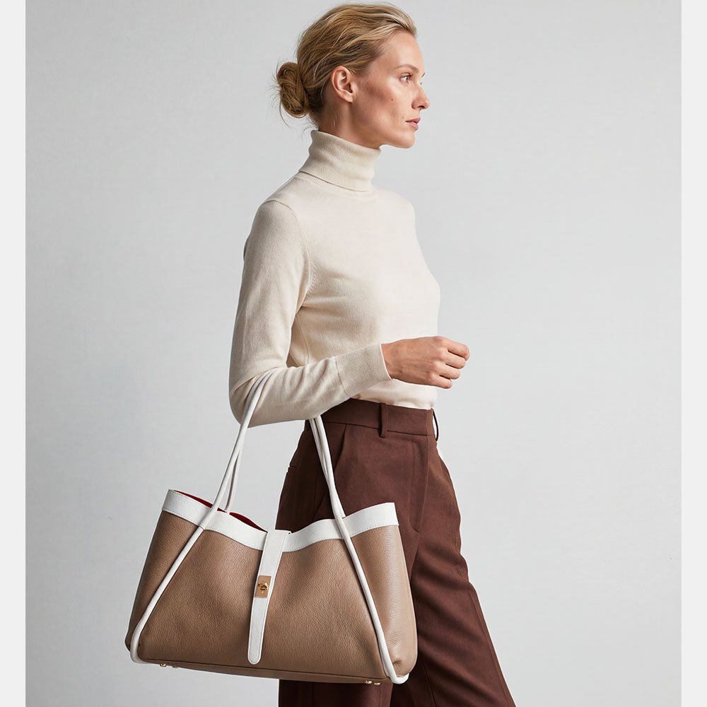 Borsa Donna a Spalla VIAVERDI in Pelle Taupe e Bianca Made in Italy linea Cortona
