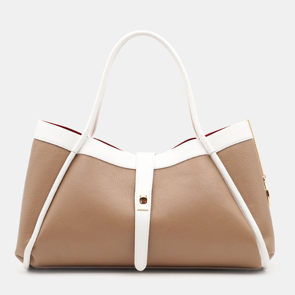 Borsa Donna a Spalla VIAVERDI in Pelle Taupe e Bianca Made in Italy linea Cortona