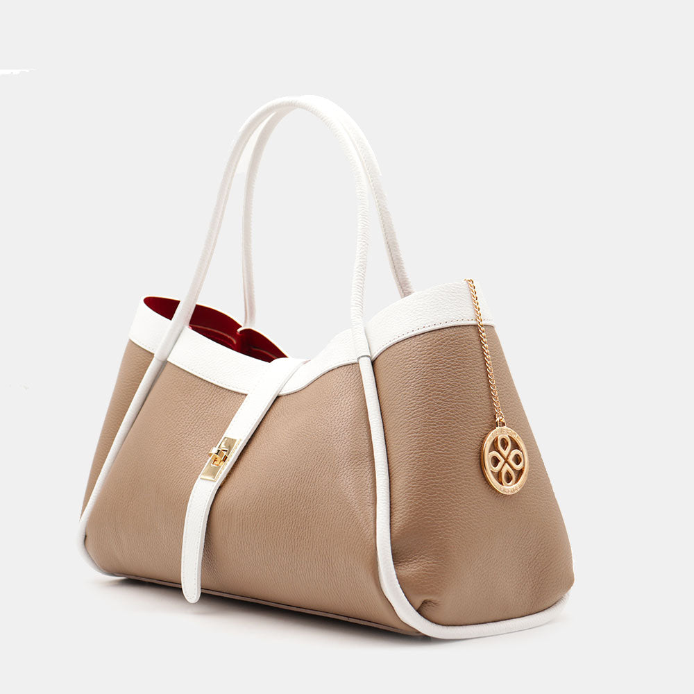 Borsa Donna a Spalla VIAVERDI in Pelle Taupe e Bianca Made in Italy linea Cortona