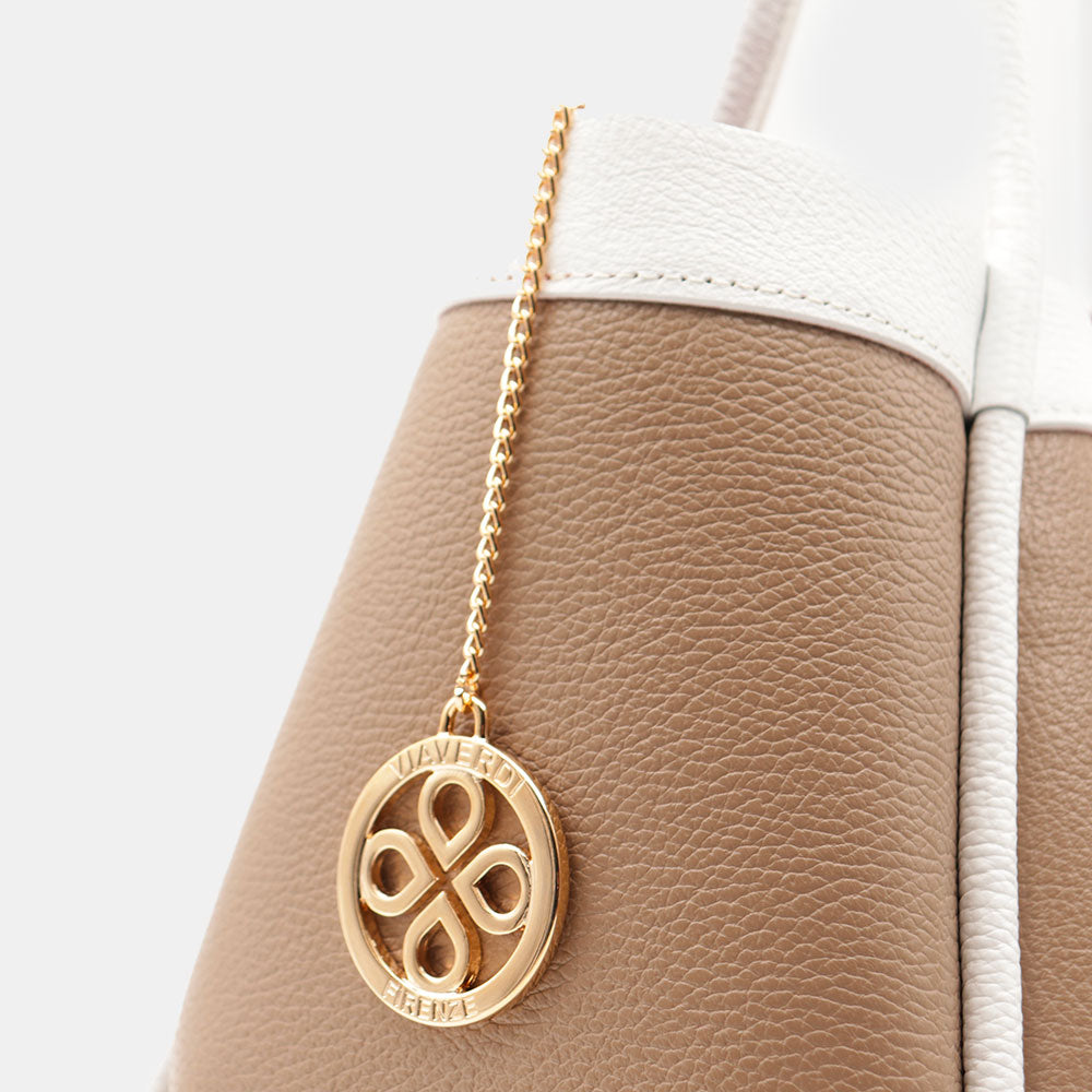 Borsa Donna a Spalla VIAVERDI in Pelle Taupe e Bianca Made in Italy linea Cortona