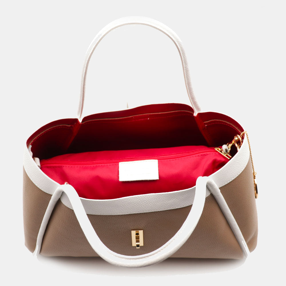 Borsa Donna a Spalla VIAVERDI in Pelle Taupe e Bianca Made in Italy linea Cortona