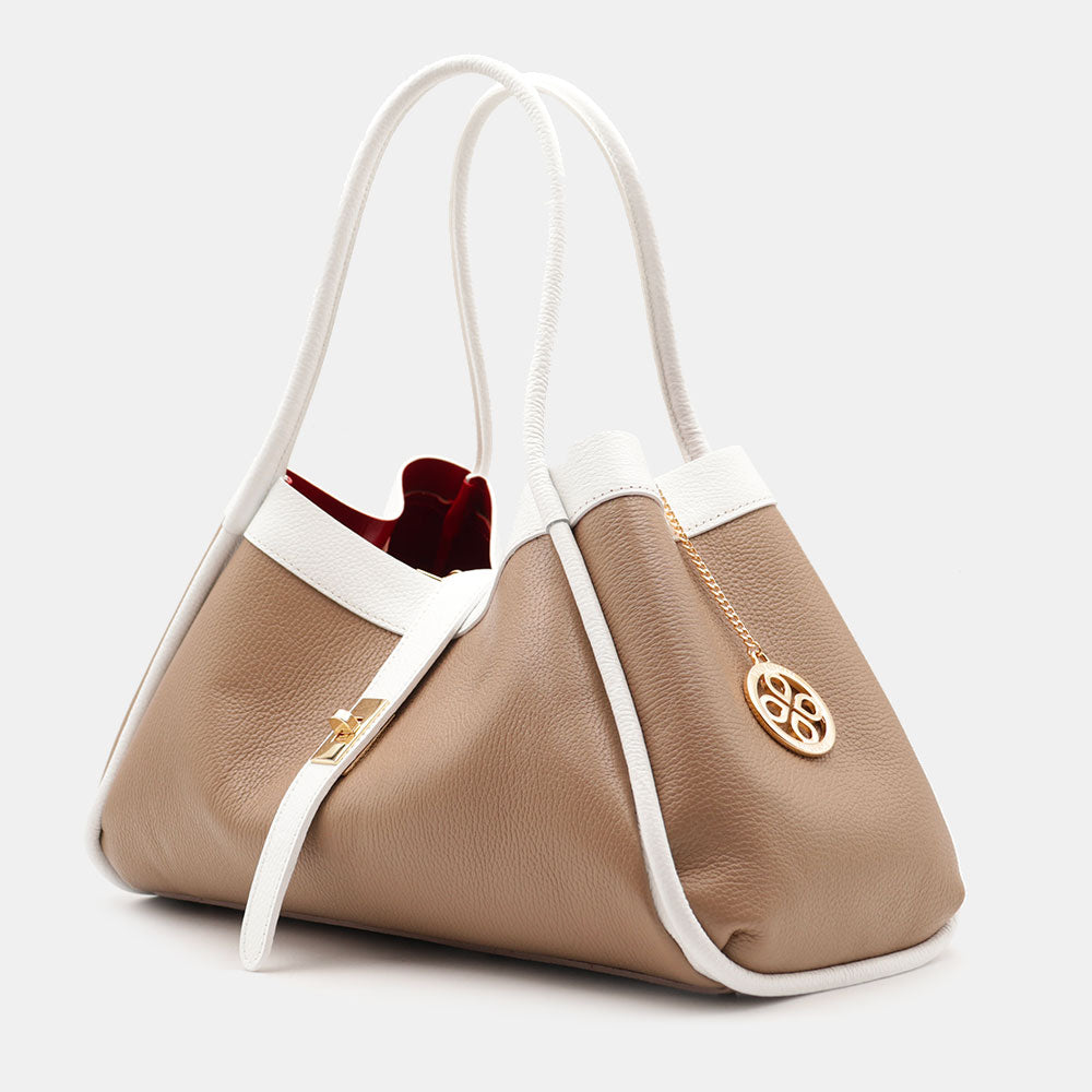 Borsa Donna a Spalla VIAVERDI in Pelle Taupe e Bianca Made in Italy linea Cortona