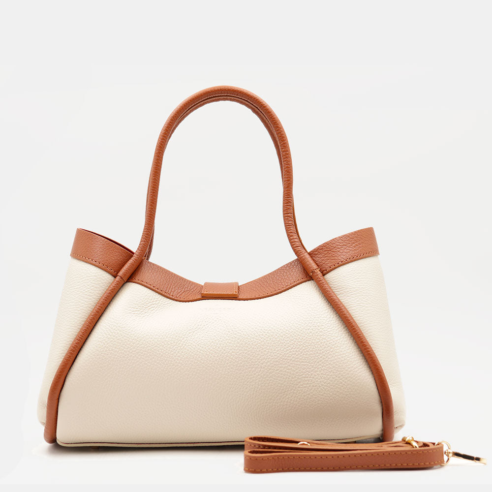 Borsa Donna a Mano VIAVERDI in Pelle Beige e Cuoio Made in Italy linea Cortona