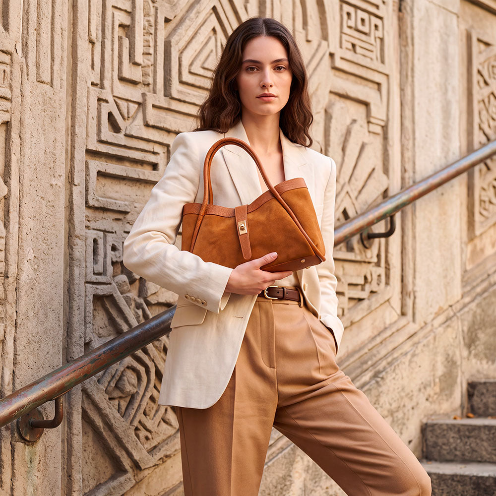 Handbag ViaVerdi in Suede and Tan Leather Made in Italy – Line Cortona