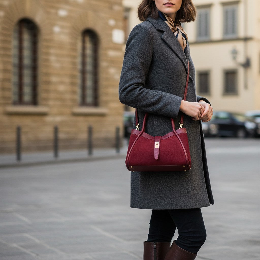Handbag ViaVerdi in Suede and Burgundy Leather Made in Italy – Line Cortona
