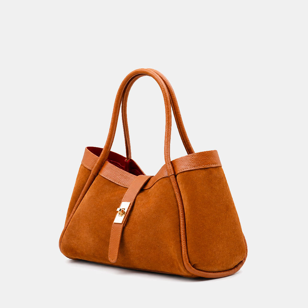 Borsa Donna a Mano VIAVERDI in Camoscio e Pelle color Cuoio Made in Italy linea Cortona