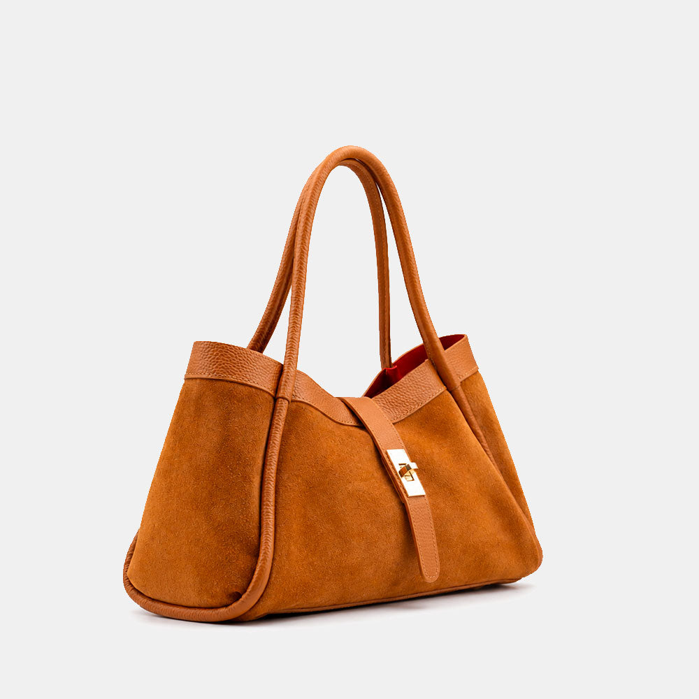 Handtasche ViaVerdi aus Wildleder und Leder in Cognac Made in Italy – Linie Cortona
