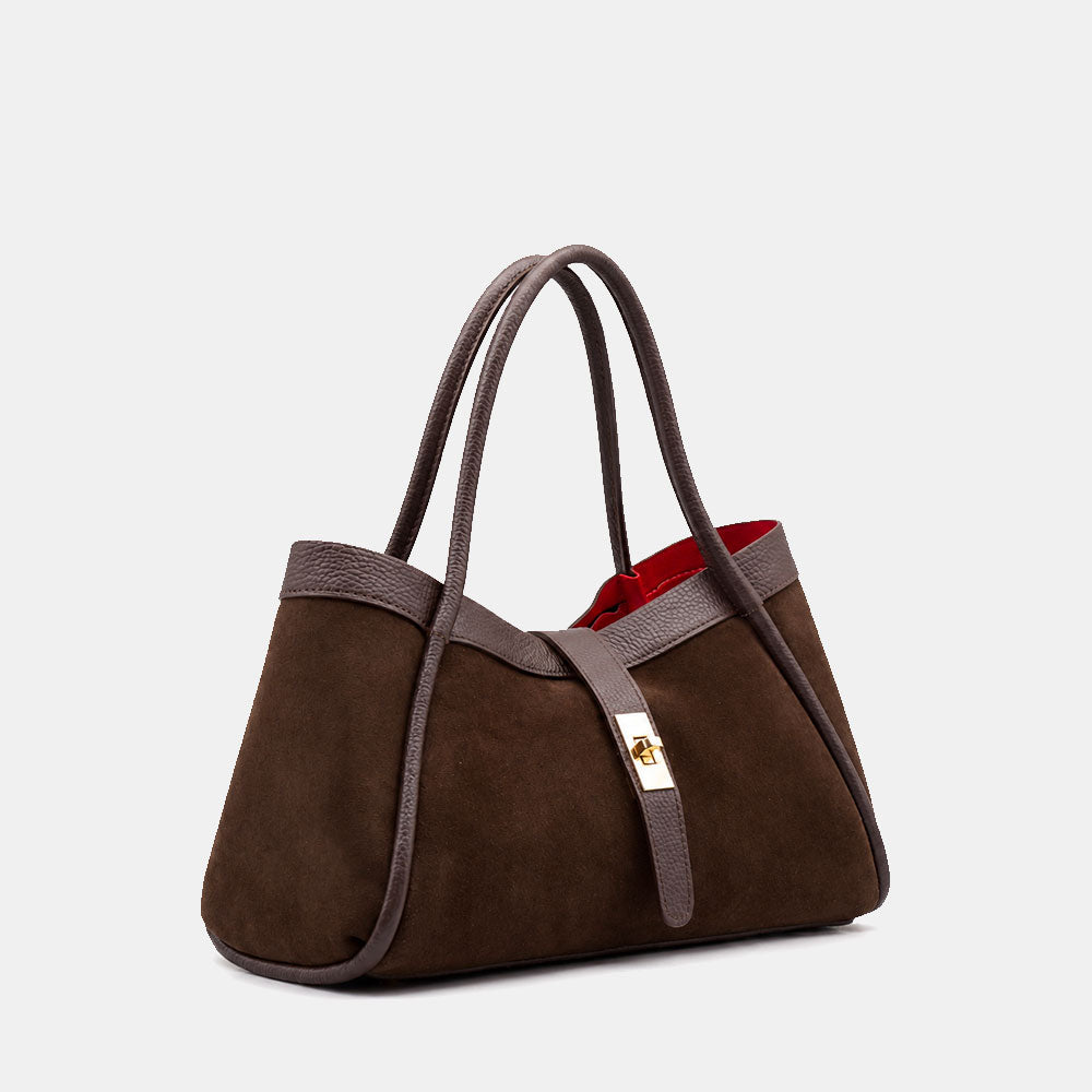 Handbag ViaVerdi in Suede and Dark Brown Leather Made in Italy – Line Cortona