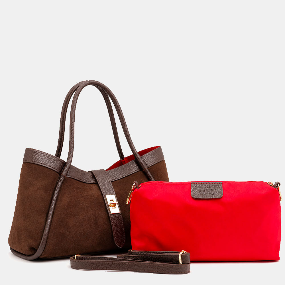Handbag ViaVerdi in Suede and Dark Brown Leather Made in Italy – Line Cortona