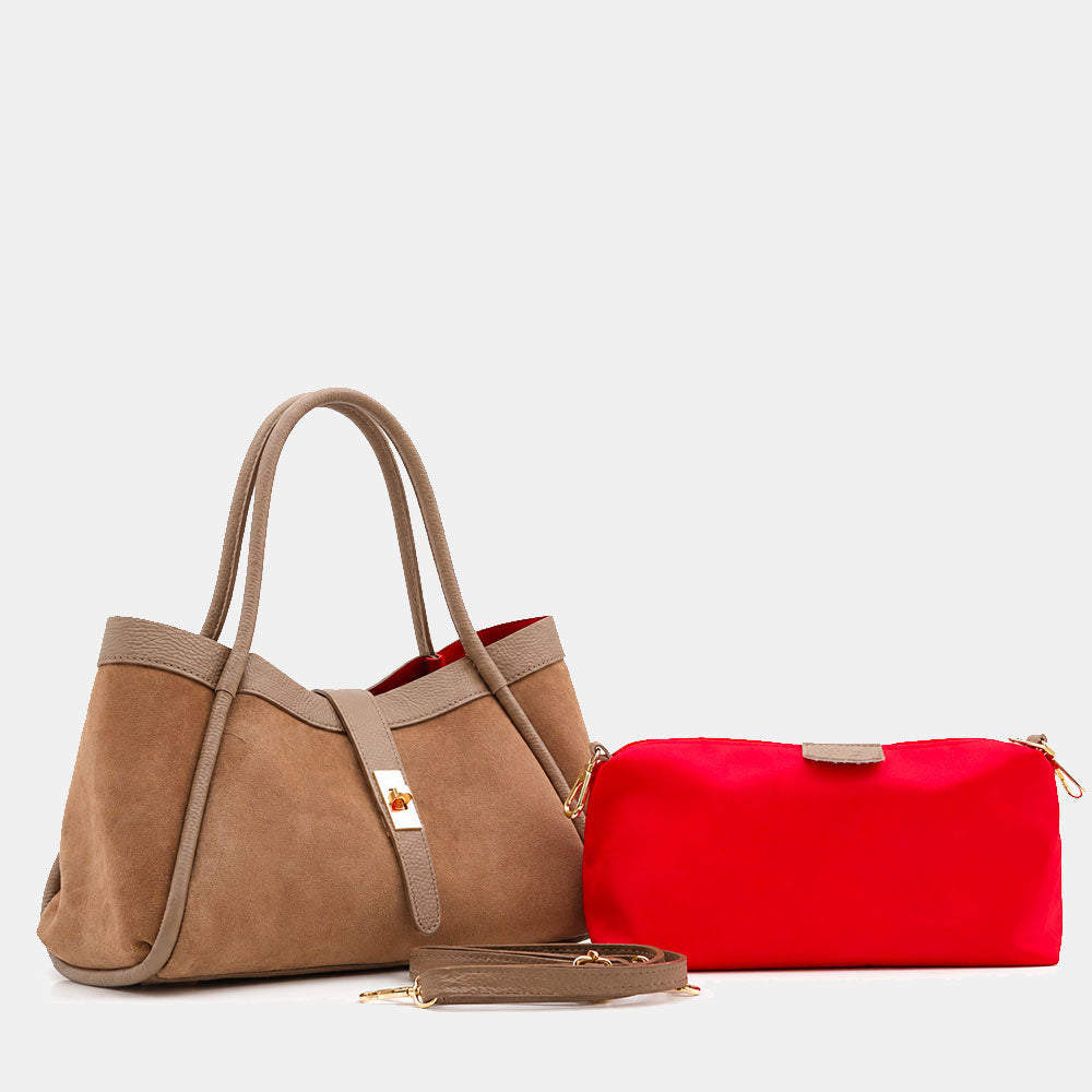 Borsa Donna a Mano VIAVERDI in Camoscio e Pelle Taupe Made in Italy linea Cortona