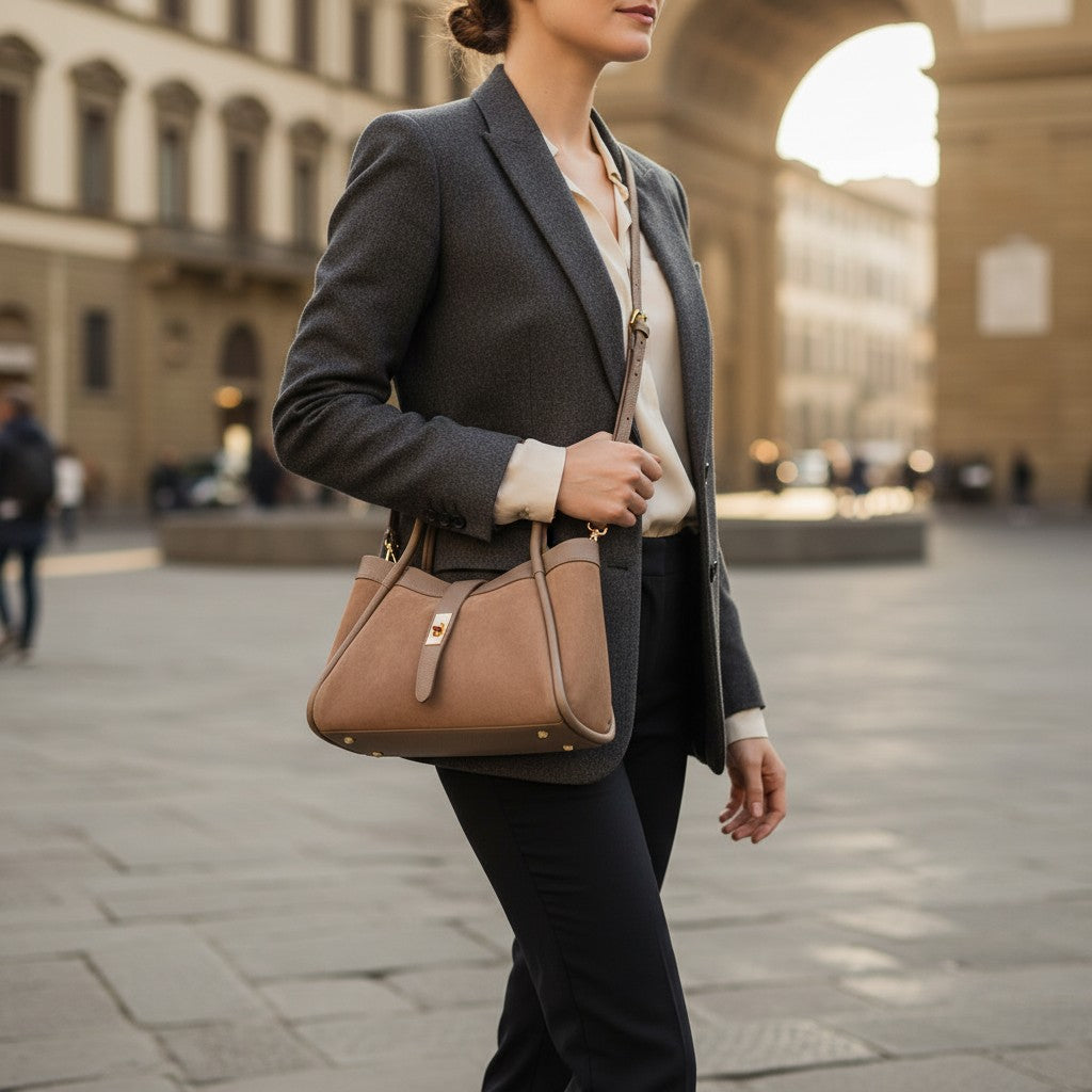 Borsa Donna a Mano VIAVERDI in Camoscio e Pelle Taupe Made in Italy linea Cortona
