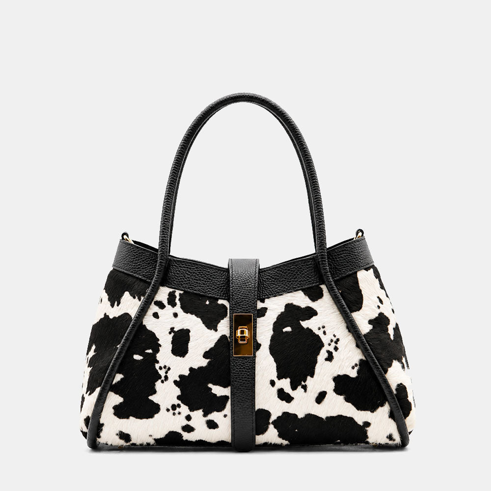 Borsa Donna a Mano VIAVERDI Pelle e Cavallino Muccato Bianco e Nero Made in Italy linea Cortona
