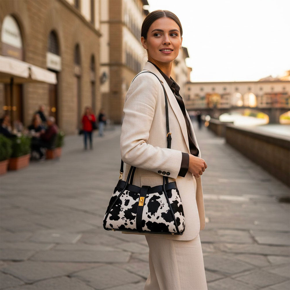 Borsa Donna a Mano VIAVERDI Pelle e Cavallino Muccato Bianco e Nero Made in Italy linea Cortona