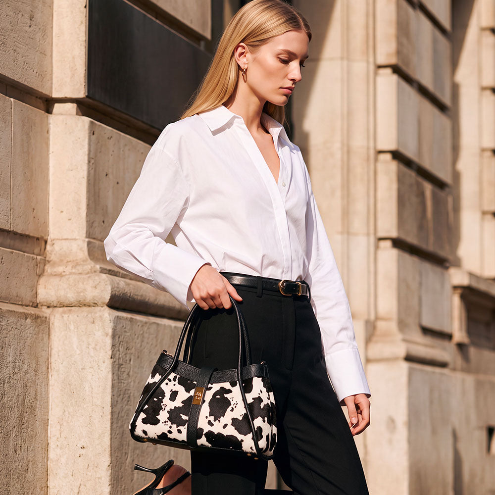 Borsa Donna a Mano VIAVERDI Pelle e Cavallino Muccato Bianco e Nero Made in Italy linea Cortona