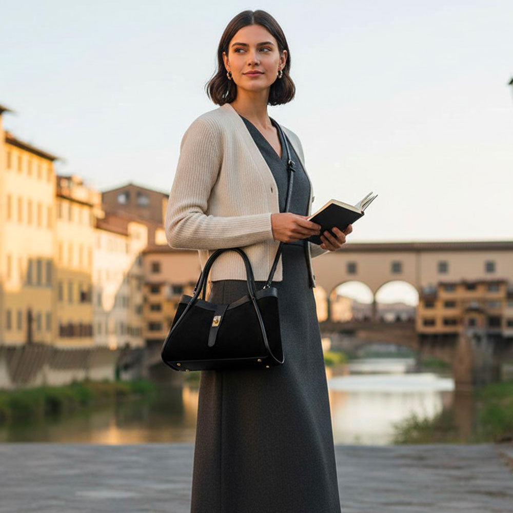 Borsa Donna a Mano VIAVERDI in Camoscio e Pelle Nera Made in Italy linea Cortona