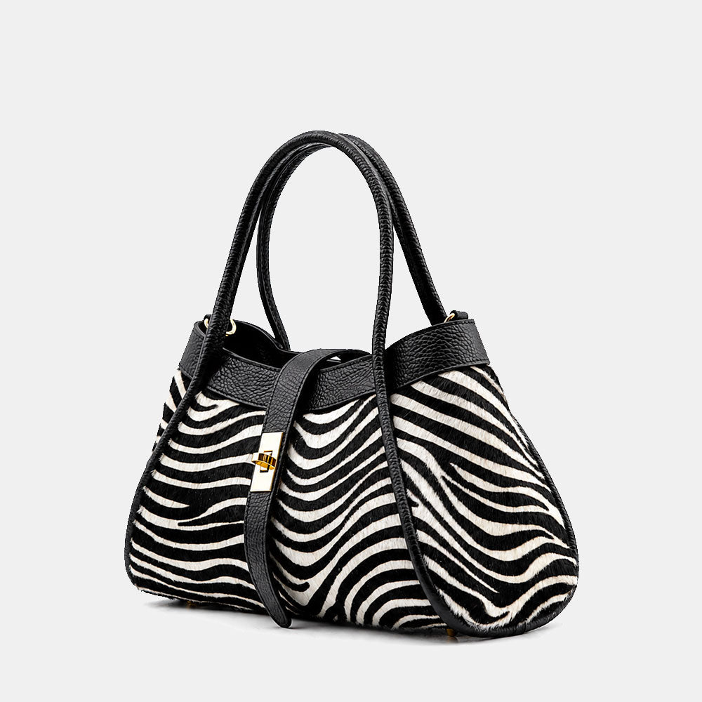 Borsa Donna a Mano VIAVERDI in Pelle e Cavallino Animalier Zebrato Made in Italy linea Cortona