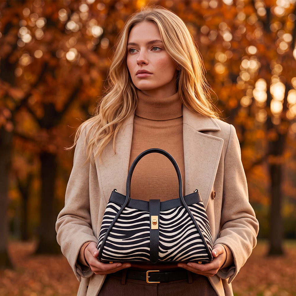 Borsa Donna a Mano VIAVERDI in Pelle e Cavallino Animalier Zebrato Made in Italy linea Cortona