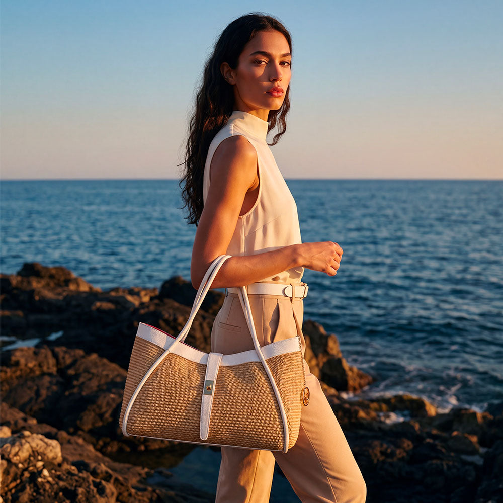Borsa Donna a Spalla VIAVERDI in Rafia e Pelle Bianca Made in Italy linea Cortona