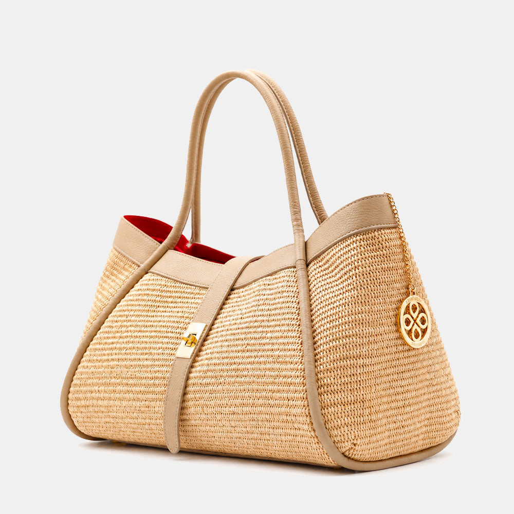 Borsa Donna a Spalla VIAVERDI in Rafia e Pelle Taupe Made in Italy linea Cortona