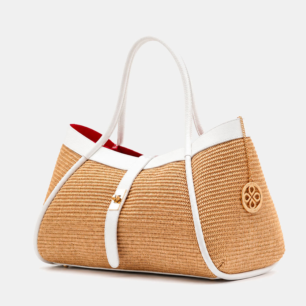 Borsa Donna a Spalla VIAVERDI in Rafia e Pelle Bianca Made in Italy linea Cortona