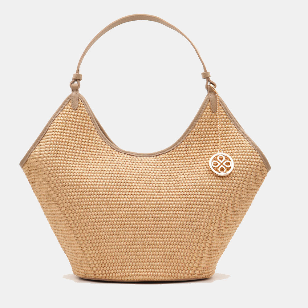 Borsa Donna a Spalla Grande VIAVERDI in Rafia e Pelle Taupe Made in Italy linea Cortona