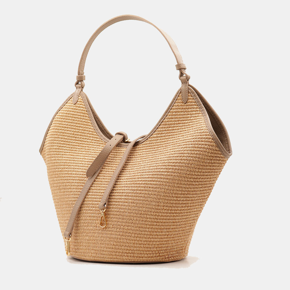 Borsa Donna a Spalla Grande VIAVERDI in Rafia e Pelle Taupe Made in Italy linea Cortona