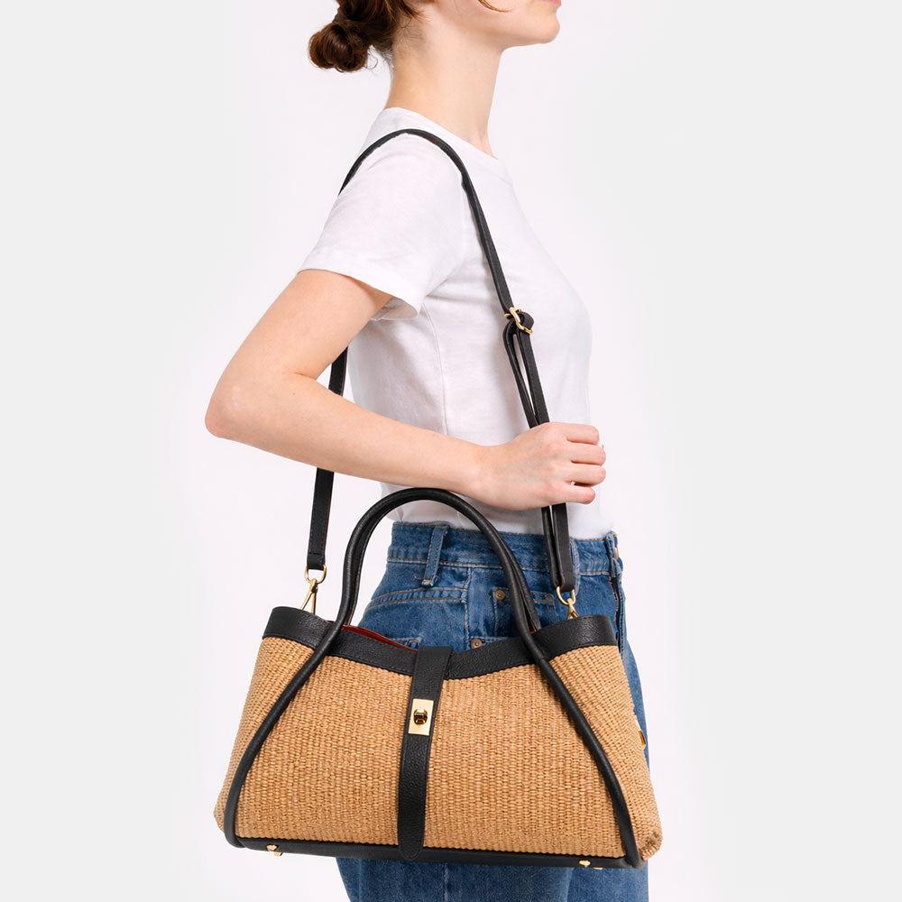 VIAVERDI Damen-Schultertasche aus Bast und schwarzem Leder, hergestellt in Italien, Cortona-Linie