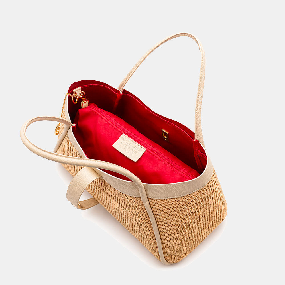 Borsa Donna a Spalla VIAVERDI in Rafia e Pelle Taupe Made in Italy linea Cortona