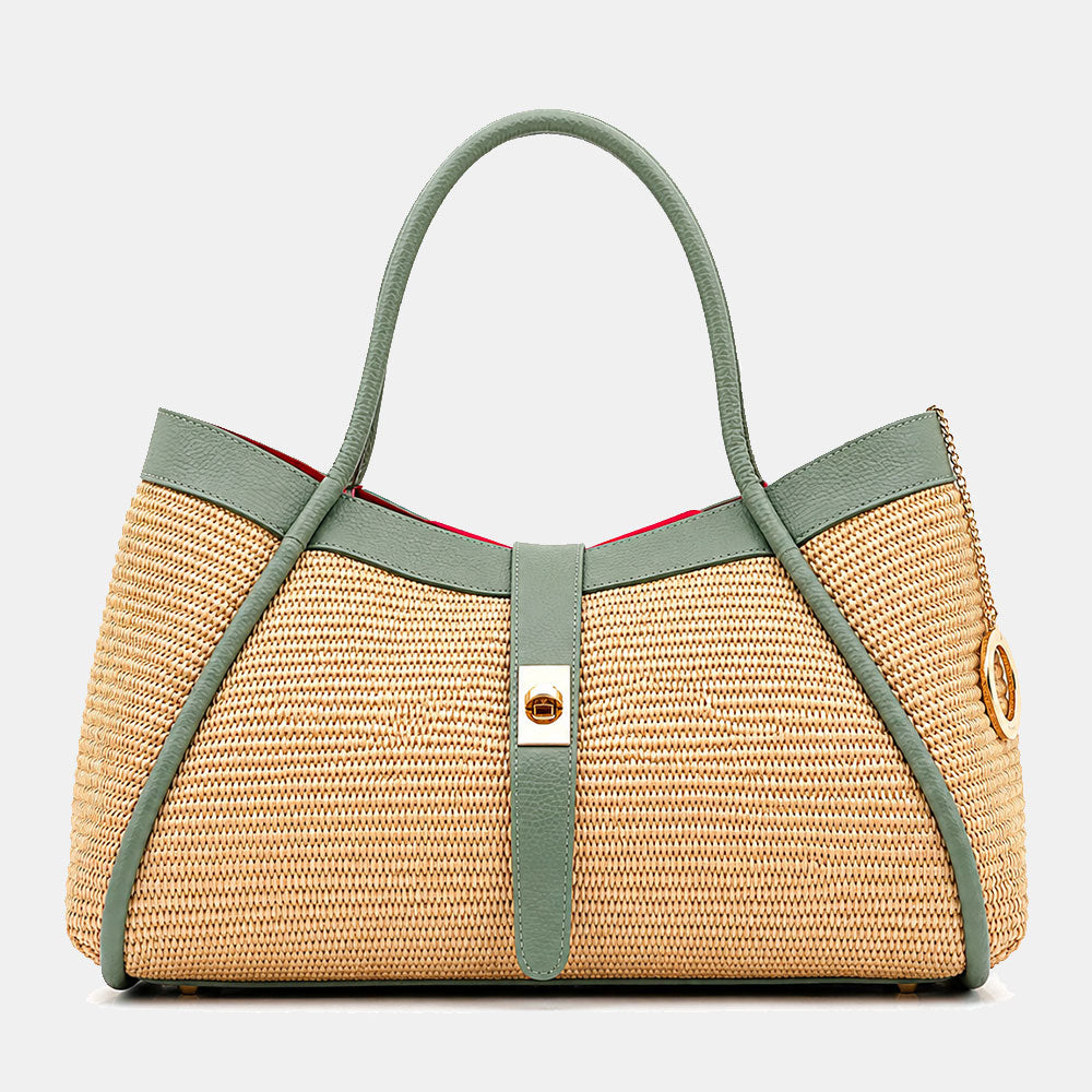 Borsa Donna a Spalla VIAVERDI in Rafia e Pelle Verde Menta Made in Italy linea Cortona