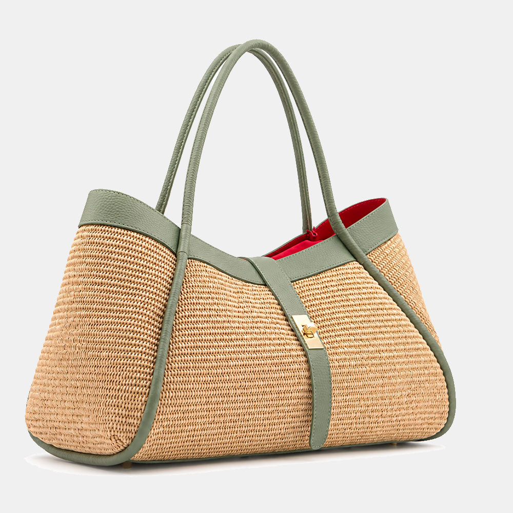 Borsa Donna a Spalla VIAVERDI in Rafia e Pelle Verde Menta Made in Italy linea Cortona