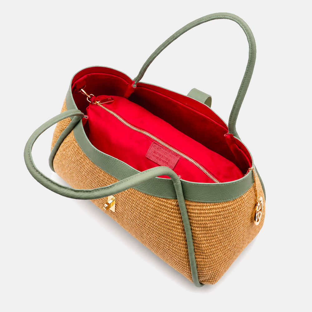 Borsa Donna a Spalla VIAVERDI in Rafia e Pelle Verde Menta Made in Italy linea Cortona