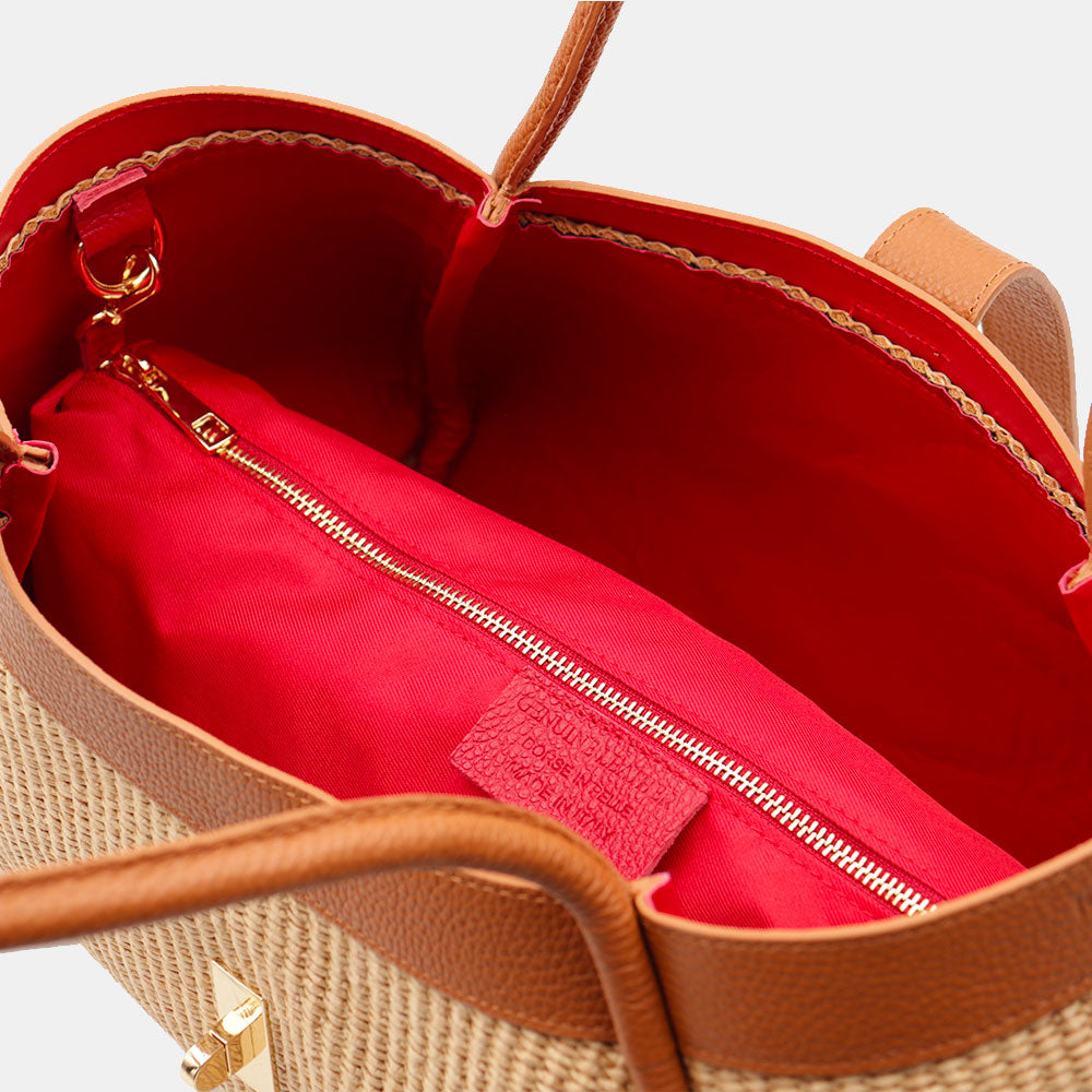 Borsa Donna a Spalla VIAVERDI in Rafia e Pelle Marrone Made in Italy linea Cortona