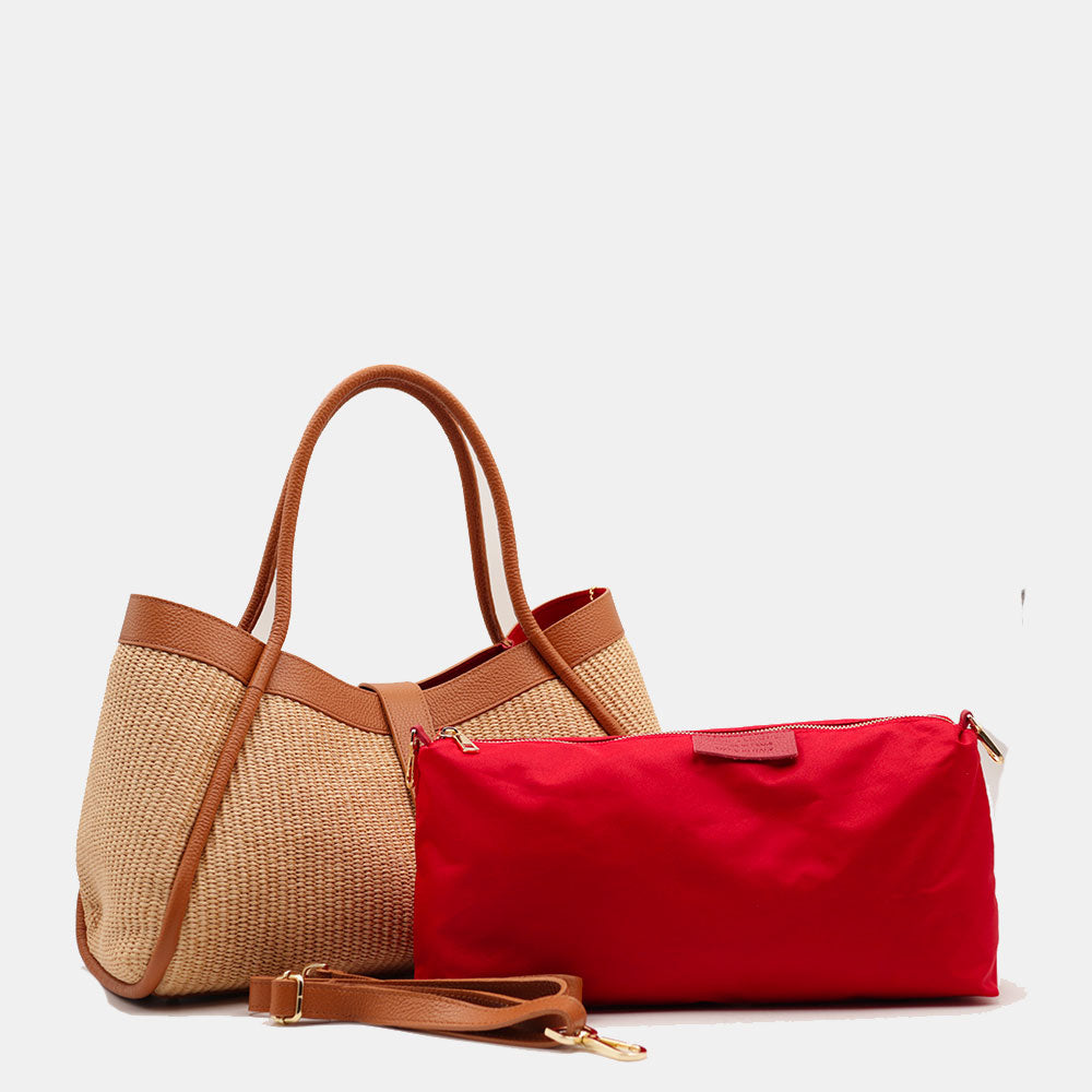 VIAVERDI Damen-Schultertasche aus Bast und braunem Leder, hergestellt in Italien, Cortona-Linie