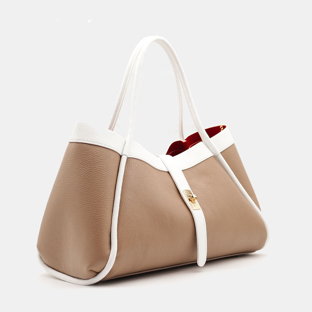 Borsa Donna a Spalla VIAVERDI in Pelle Taupe e Bianca Made in Italy linea Cortona