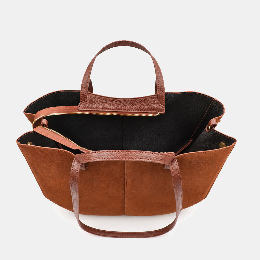 Borsa Doppio Manico a Mano e Spalla VIAVERDI in Camoscio Marrone Made in Italy linea Capalbio