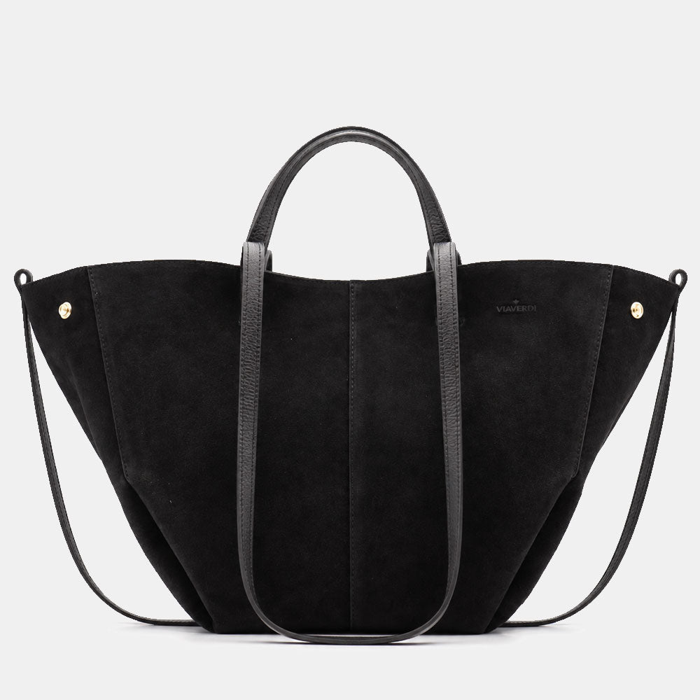 Borsa Doppio Manico a Mano e Spalla VIAVERDI in Camoscio Nero Made in Italy linea Capalbio