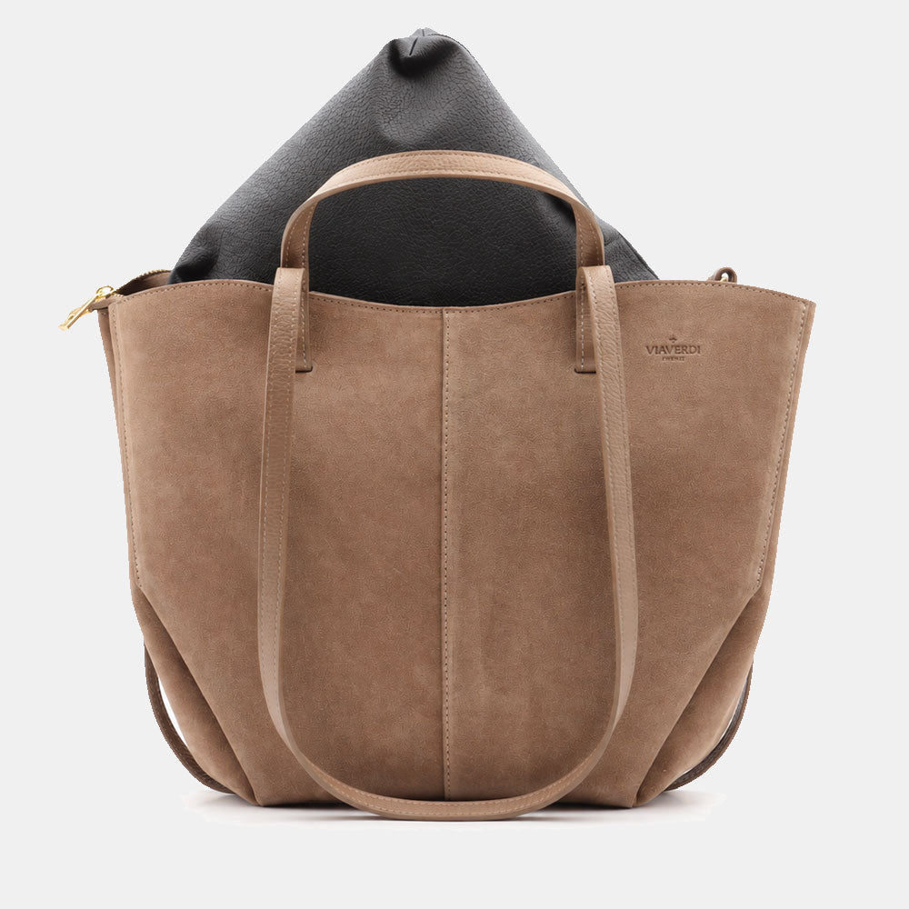 Borsa Doppio Manico a Mano e Spalla VIAVERDI in Camoscio Taupe Made in Italy linea Capalbio