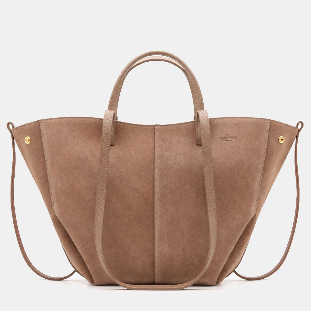 Borsa Doppio Manico a Mano e Spalla VIAVERDI in Camoscio Taupe Made in Italy linea Capalbio