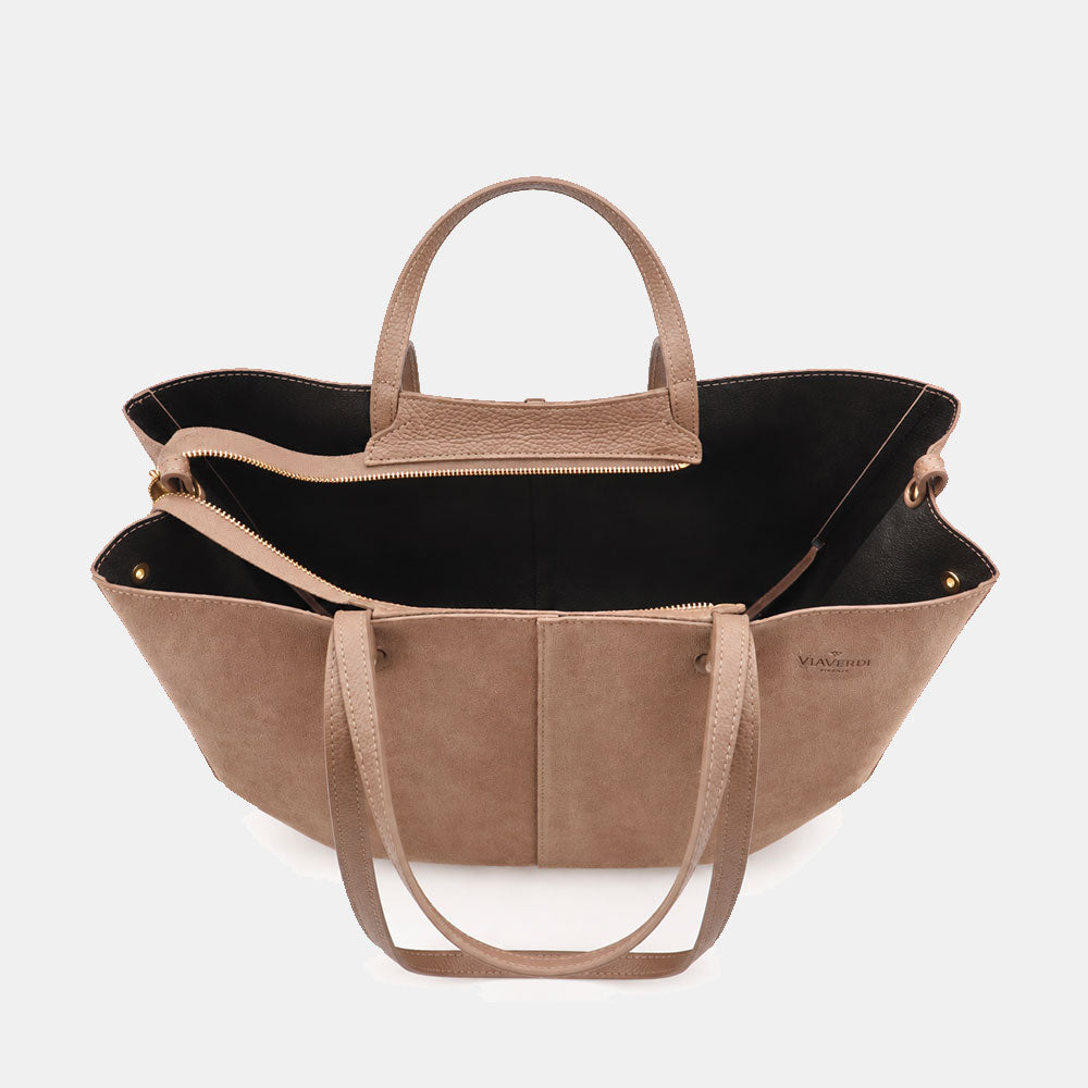 Borsa Doppio Manico a Mano e Spalla VIAVERDI in Camoscio Taupe Made in Italy linea Capalbio