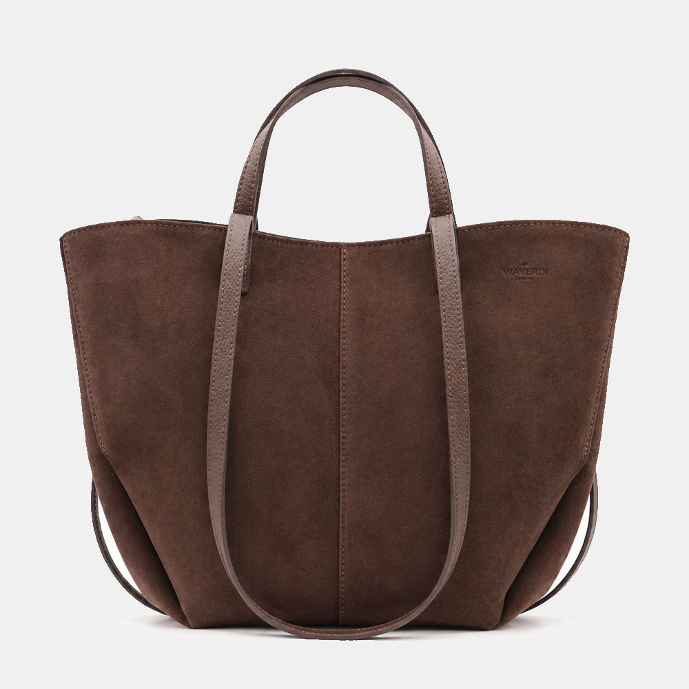 Borsa Doppio Manico a Mano e Spalla VIAVERDI in Camoscio Testa di Moro Made in Italy linea Capalbio