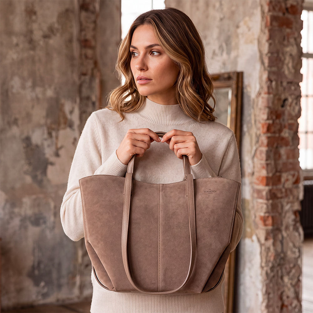 Handbag ViaVerdi with Double Handle in Taupe Suede Made in Italy – Line Capalbio