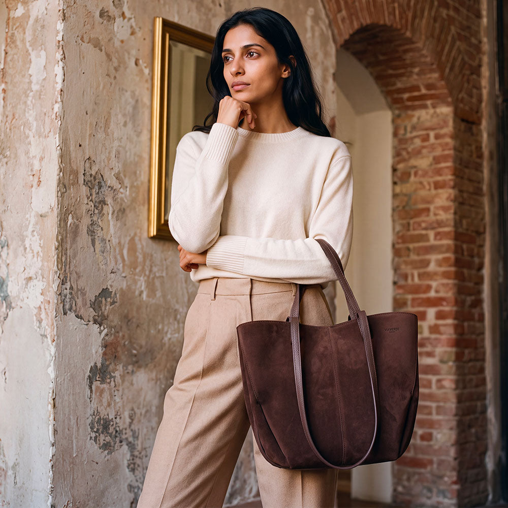 Borsa Doppio Manico a Mano e Spalla VIAVERDI in Camoscio Testa di Moro Made in Italy linea Capalbio