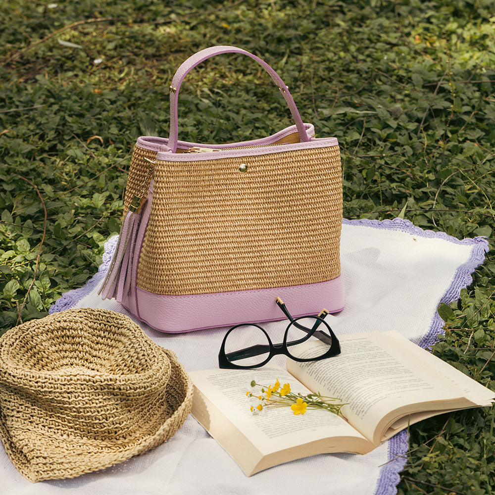Borsa Donna Secchiello a Mano VIAVERDI in Pelle Rosa e Rafia Made in Italy linea Fiesole