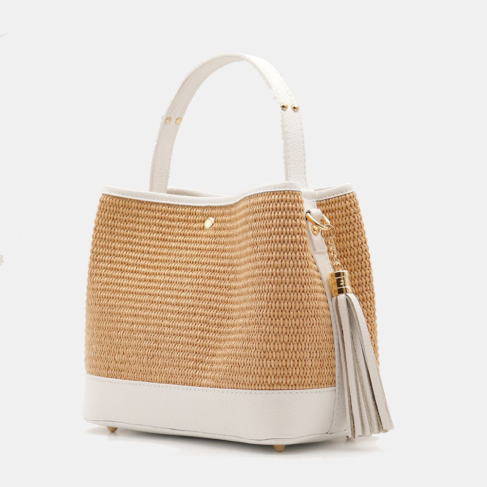 Borsa Donna Secchiello a Mano VIAVERDI in Pelle Bianca e Rafia Made in Italy linea Fiesole