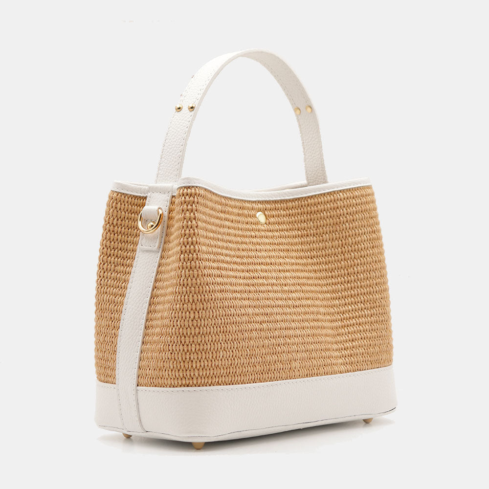 Borsa Donna Secchiello a Mano VIAVERDI in Pelle Bianca e Rafia Made in Italy linea Fiesole