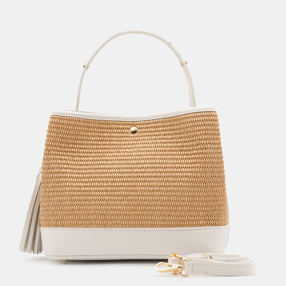Borsa Donna Secchiello a Mano VIAVERDI in Pelle Bianca e Rafia Made in Italy linea Fiesole
