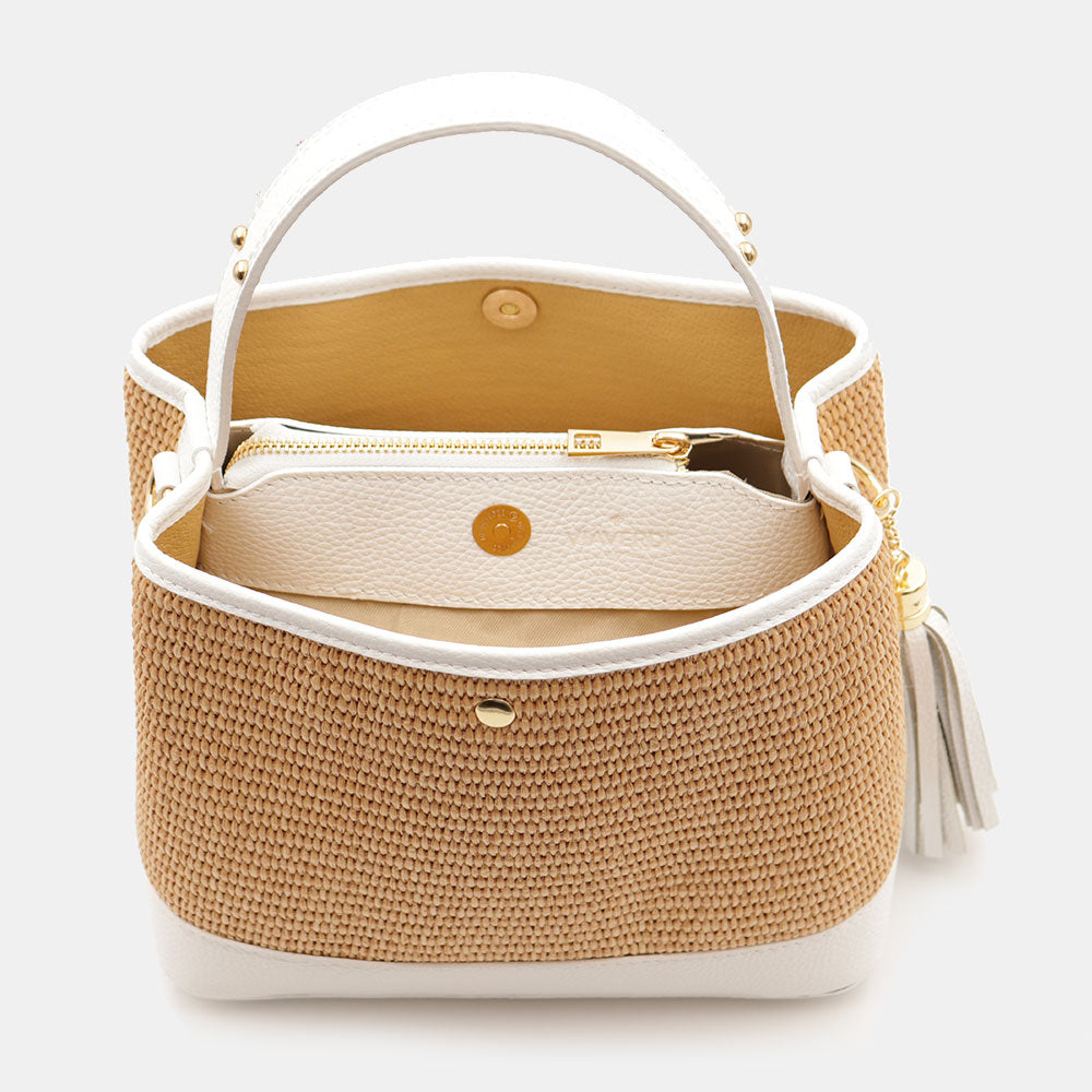 Borsa Donna Secchiello a Mano VIAVERDI in Pelle Bianca e Rafia Made in Italy linea Fiesole