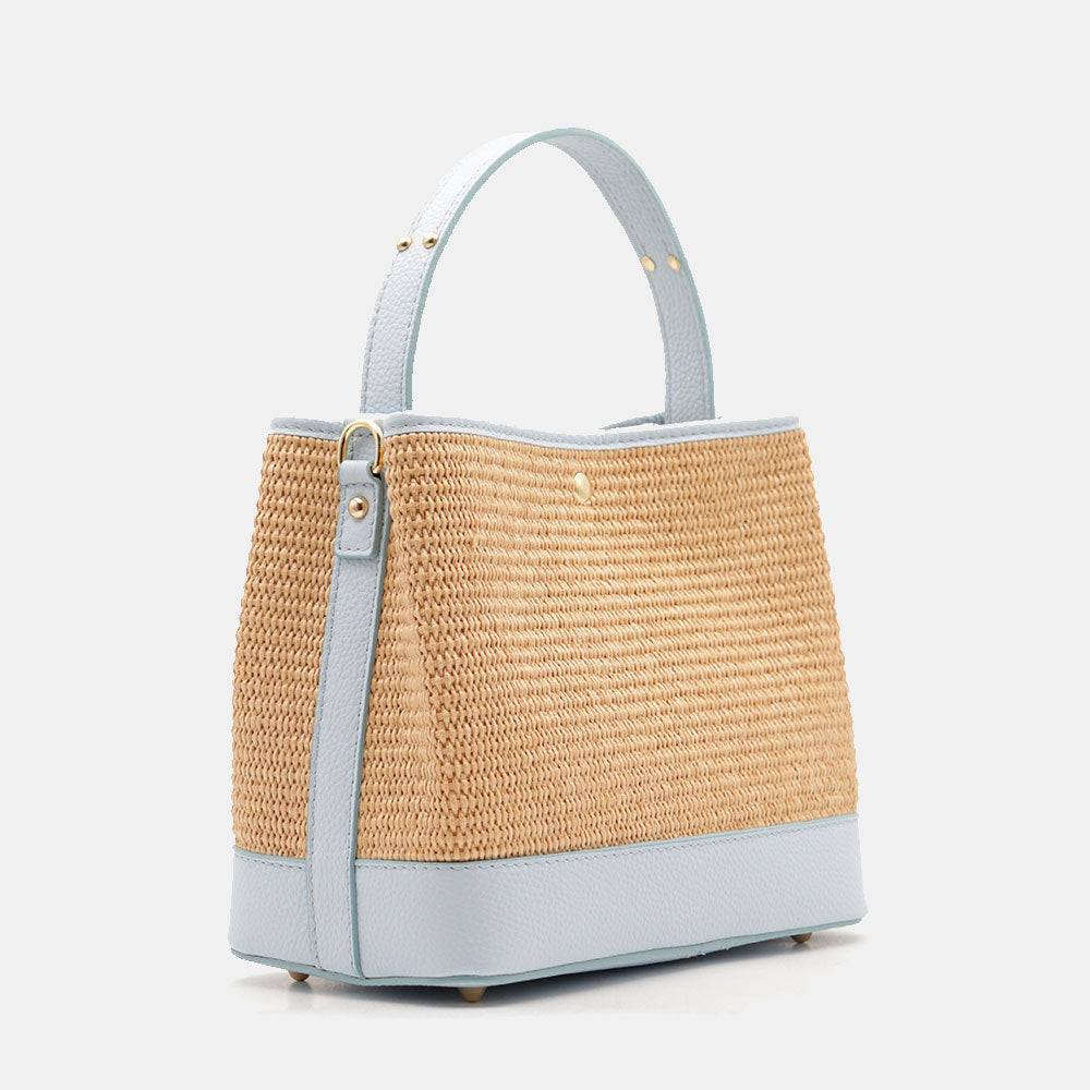 Borsa Donna Secchiello a Mano VIAVERDI in Pelle Celeste e Rafia Made in Italy linea Fiesole