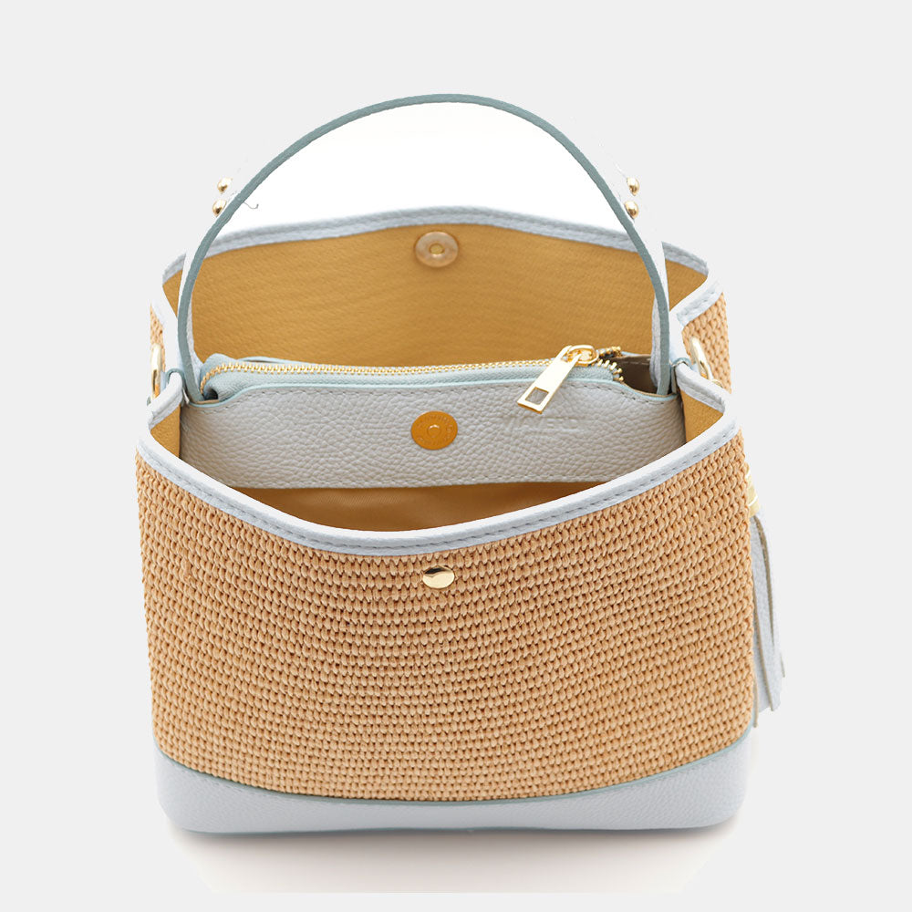 Borsa Donna Secchiello a Mano VIAVERDI in Pelle Celeste e Rafia Made in Italy linea Fiesole