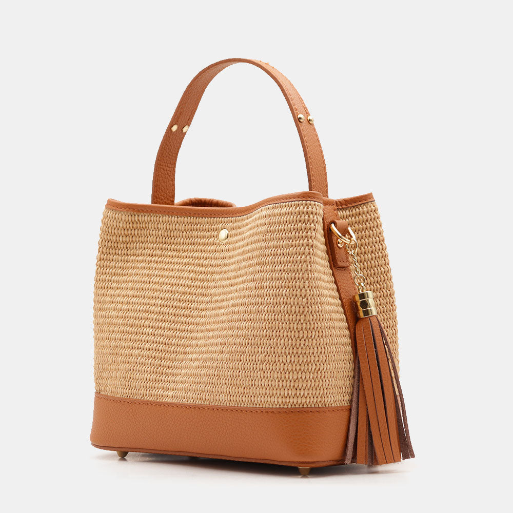 Borsa Donna Secchiello a Mano VIAVERDI in Pelle color Cuoio e Rafia Made in Italy linea Fiesole